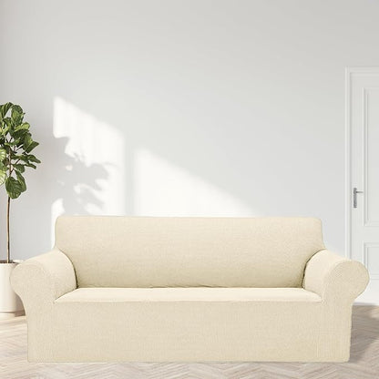 Cupuamon 2026 New Stretch Sofa Slipcovers Couch Cover for 3 Cushion Furniture Protector Sofa Covers with Elastic Bottom Jacquard Fabric Small Checks for Pets, Kids -Sofa, Beige