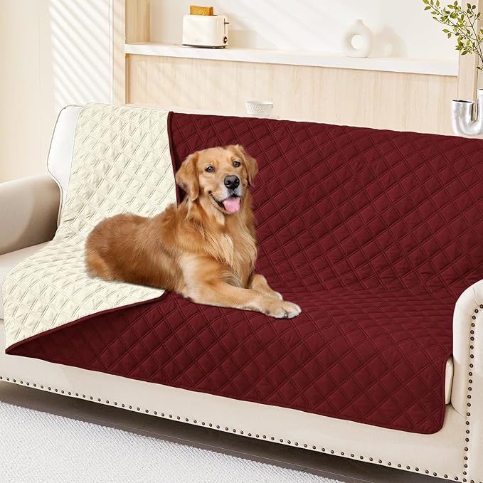 Smiry Waterproof Reversible Pet Couch Covers for Dogs | Pet Friendly, Soft Fabric, Washable Sofa Furniture Protector for Dogs Cat Kids, Checkered (52"x82", Wine Red/Beige)