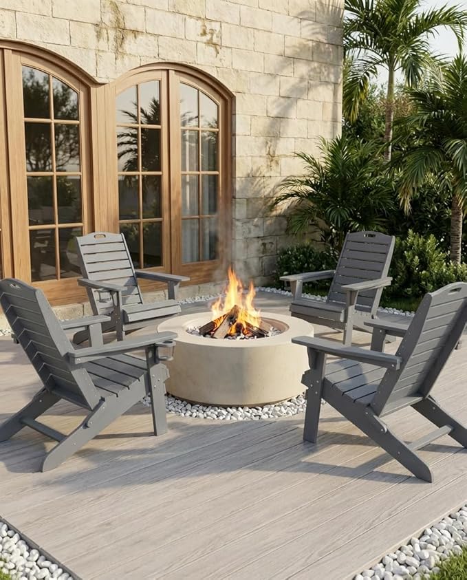 Adjustable Adirondack Chairs Set of 6 with Retractable Ottoman, HDPE Folding Adirondack Chair with Cup Holders, Weather Resistant for Backyard, Poolside & Fire Pit (Grey)