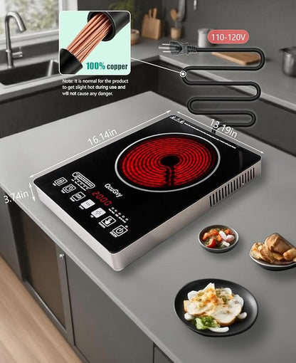 Portable Infrared Burner 2000W Electric Burner with 3 Hours Timer-Electric Hot Plate Touch Control Panel Adjustable Heating Power Glass Plate Electric Cooktop for Cooking (Black 2)