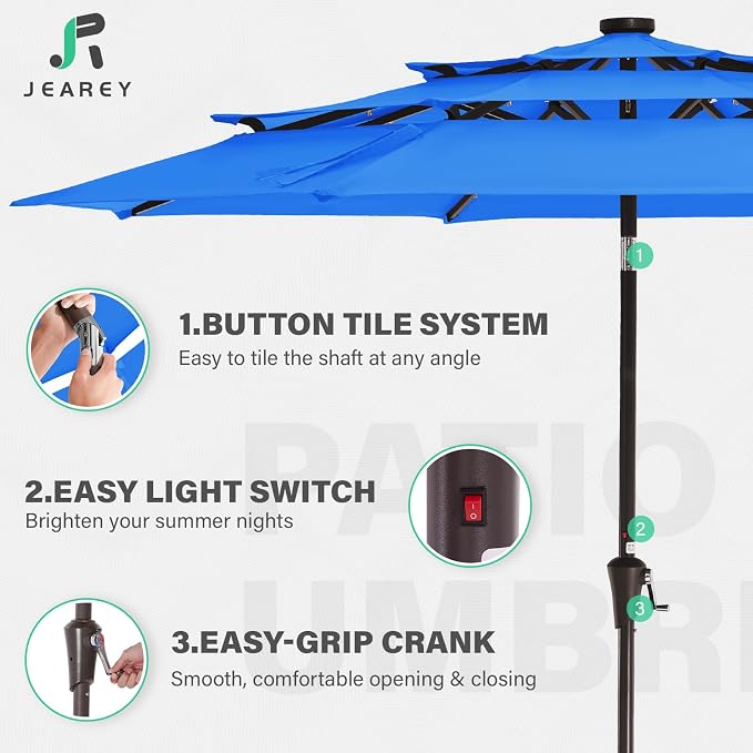 JEAREY 9 ft 3-Tier Outdoor LED Lighted Patio Umbrella w/Crank, Royal Blue | Solar Market Table Umbrella with 8 Sturdy Ribs, UV Protection Waterproof Sunproof for Garden, Deck and Backyard