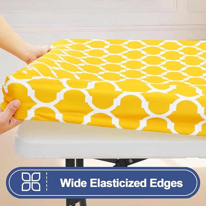 Smiry 2 Pack Rectangle Table Cloth 4 Foot, Waterproof Elastic Fitted Tablecloths, Windproof Washable Polyester Table Cover for Picnic, Camping, Outdoor (Yellow, 30"x48")
