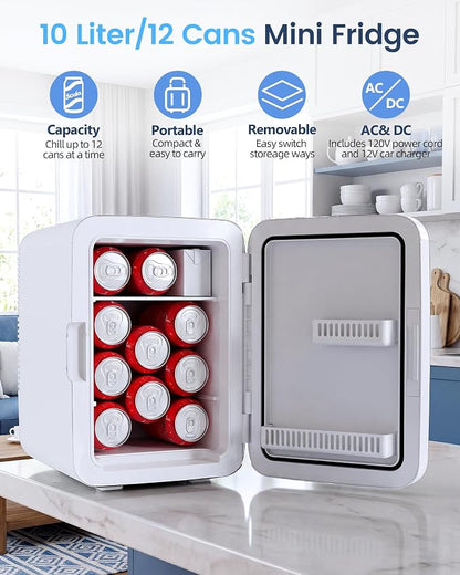 Electactic 10L Portable Mini Fridge, Compact Refrigerator, White | Quiet 2.6 gal Skincare Fridge with AC/DC Adapter for Makeup, Beverages and Food, Ideal for Bedroom, Office and Travel