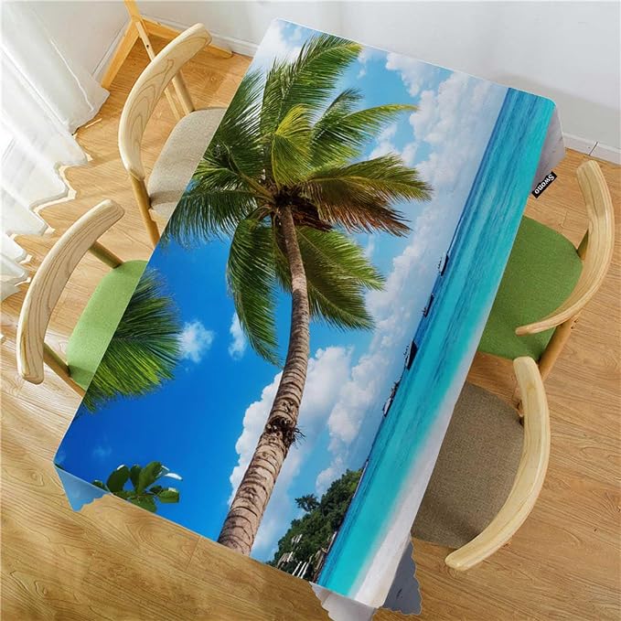 Swono Rectangle Tablecloth Tropical Beach Table Cover 52x70 Inch Paradise Palms Turquoise Ocean Sea Table Cloth for Rectangle Tables Decorative Tablecloth for Dining Party Camping BBQ