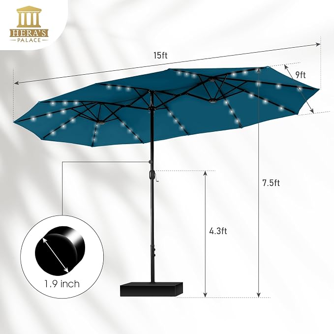 15ft Patio Umbrella with Solar lights & Base, Large Umbrellas, Cerulean | HERA'S PALACE Rectangle Double Market Umbrella with 36 LED Lights, Big Outdoor Umbrellas for Pool Picnic Inground Yard Deck