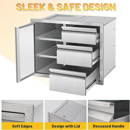 Outdoor Kitchen Drawer Combo Cabinet Stainless Steel Triple Drawers & Access Door, 28" W x 22" H x 19.5" D, Multi-Layer Design with Partition, Perfect for BBQ Grill Station