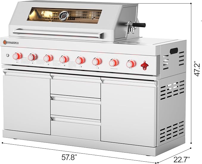 6+1 Burner Natural Gas Modular Outdoor Kitchen Grill Module, 99500 BTU Stainless Steel BBQ with Side Burner for Patio Kitchen Island Permanent Gas Line NG