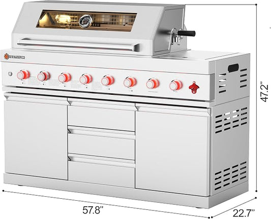 6+1 Burner Natural Gas Modular Outdoor Kitchen Grill Module, 99500 BTU Stainless Steel BBQ with Side Burner for Patio Kitchen Island Permanent Gas Line NG