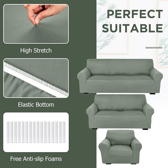 Peryiter 3 Pcs Couch and Loveseat Sofa Covers,Sage Green,Milk Silk | Armchair Covers for Living Room, Sofa Cushion Slipcover, Furniture Protector, Polyester and Spandex, Washable