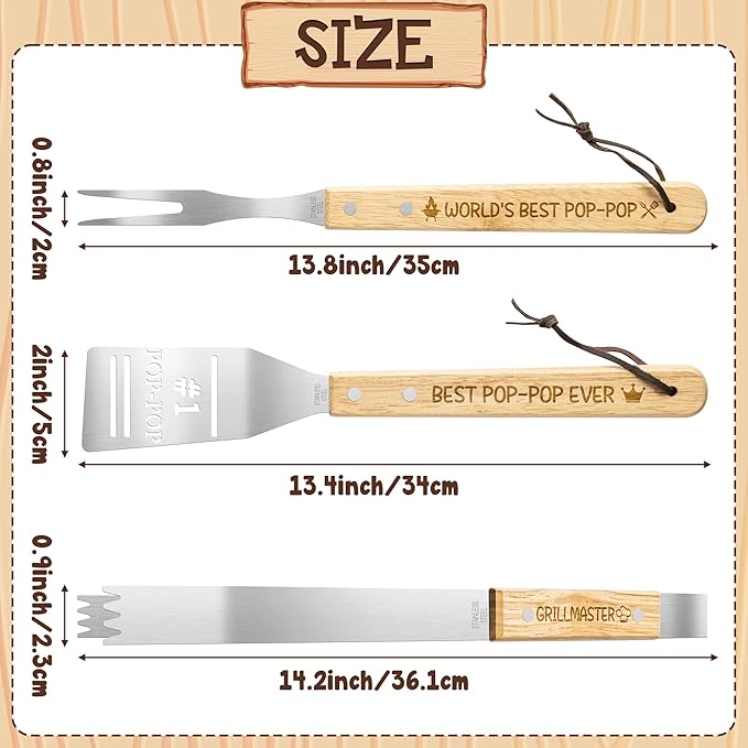 Haooryx Grandpa BBQ Grill Tool Accessory Set - 3Pcs Best Pop-Pop Ever Stainless Steel Grilling Tong Fork Spatula Grillmaster Grandpa Birthday Present Outdoor Housewarming Camping Holiday Party Supply