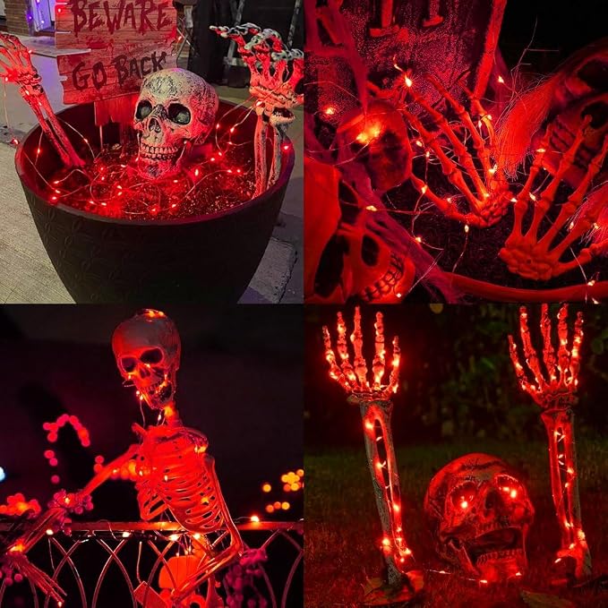 QITONG 2 Pack Halloween Solar Fairy Lights, Each 66ft 200 LED Red String Light Outdoor Waterproof, 8 Modes Silver Wire Christmas Twinkle Mini Lights