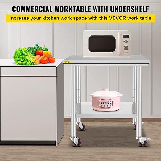Vevor Stainless Steel Work Table with Wheels 24 x 30 x 32 Inch Prep Table with 4 Casters Heavy Duty Work Table for Commercial Kitchen Restaurant Business, Silver and Black : Industrial & Scientific