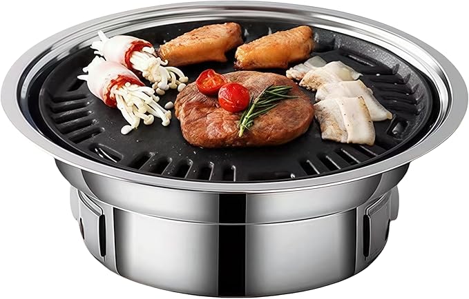 13.7 inch BBQ Charcoal Grill, Stainless Steel Round Korean Barbecue Grill, Portable Indoor Charcoal Grill with Grill Pan & Grill Net, Smokeless, Non-stick, for Indoor Grilling Outdoor Cooking Party