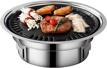 13.7 inch BBQ Charcoal Grill, Stainless Steel Round Korean Barbecue Grill, Portable Indoor Charcoal Grill with Grill Pan & Grill Net, Smokeless, Non-stick, for Indoor Grilling Outdoor Cooking Party