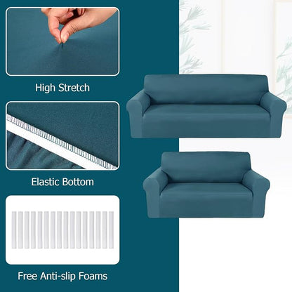Peryiter 2 Pcs Couch and Loveseat Sofa Covers,Peacock Blue,Milk Silk | Armchair Covers for Living Room, Sofa Cushion Slipcover 2/3 Seater, Furniture Protector, Polyester and Spandex, Washable