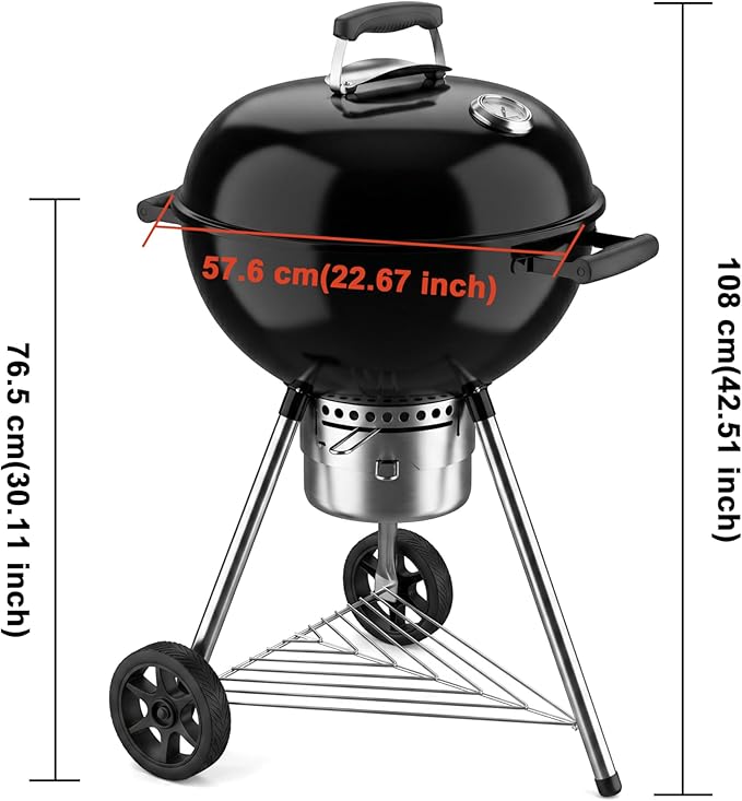 Elitzia 22 Inch Classic Kettle Charcoal Grill Portable Outdoor Round Enamel BBQ Grill with Removable Center Grate with Thermometer Chrome Plated Cooking Grid for Backyard Camp Patio Gathering ETBBQ03