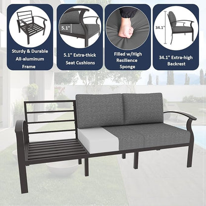 ALAULM Aluminum 3-Seat Patio Furniture Set, Metal Outdoor Furniture Sectional Sofas w/5.1" Cushions for Patio, Backyard, Poolside-Grey