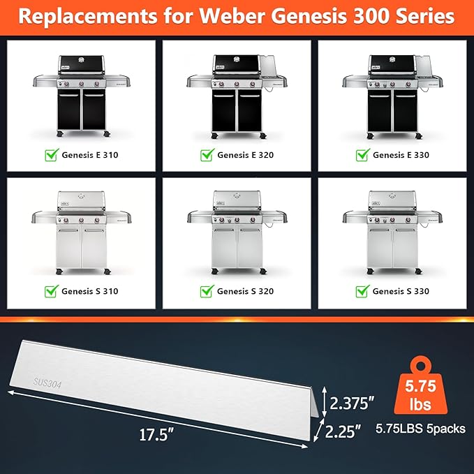 QuliMetal SUS304 17.5" Flavorizer Bars for Weber Genesis 300 Series Grills with Front Control, Grill Parts for Weber Genesis E310 E320 E330 S310 S320 S330, Heat Plate Replacement 7620 7621, 5 Pack