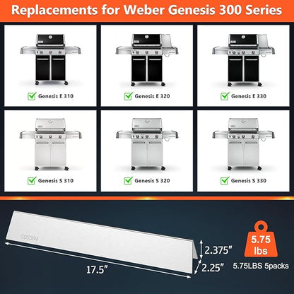 QuliMetal SUS304 17.5" Flavorizer Bars for Weber Genesis 300 Series Grills with Front Control, Grill Parts for Weber Genesis E310 E320 E330 S310 S320 S330, Heat Plate Replacement 7620 7621, 5 Pack