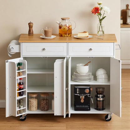 VEVOR Kitchen Island Cart with Storage, 47.64 in Wide Mobile Rolling Storage Island on Swivel Wheels, with 2 Drawers, Storage Cabinet, Drop Leaf, Towel Rack, Table for Home Dining Room, White