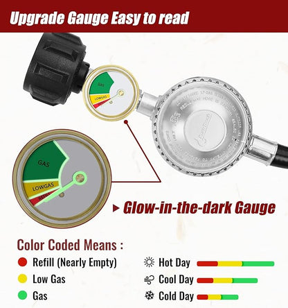 CALPOSE 6 Feet Propane Hose with Regulator & Gauge, Universal Gas Grill Regulator for Blackstone 28''/36'' Griddle, Weber Grill, Propane fire Pit and More, 3/8" Female Flare for Most LP Gas Grills