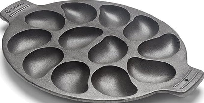 Outset Cast Iron Oyster Grill Pan, 12 Cavities, Black Oyster BBQ and Serving Pan | Grill & Serve Oysters In One Pan | 12 Capacity Oyster Tray & Plate | Oven, Grill & Stovetop Safe | Durable Cast Iron Platter