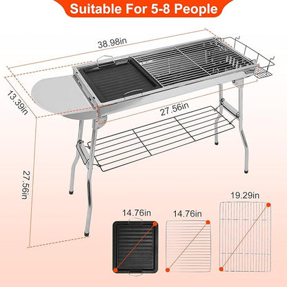 Charcoal Grills for Outdoor Cooking,Stainless Steel Folding Portable BBQ Grill Large Charcoal Grill for Garden Backyard Party Picnic Travel Outdoor Cooking Use With Non-Stick Frying Pan