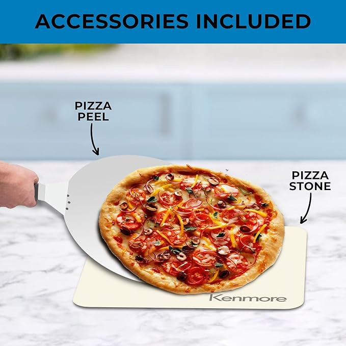Kenmore Indoor Electric 12 inch Pizza Oven - 750°F High Heat for Wood Fired Style, 5 Presets, Pizza Stone & Peel, Stainless Steel Horno Electrico