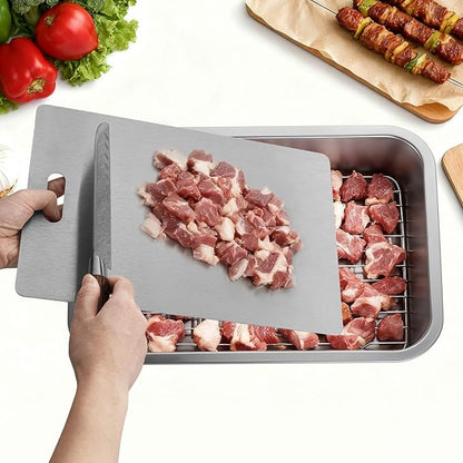 GOLDEN KEY Grilling Prep and Serve Tays,Stainless Steel Grill Carry System,Heat Resistant & Stackable,Grill Prep Trays Set of 5,Marinade Container with Lid and Cutting Board,Grilling Gifts for Men