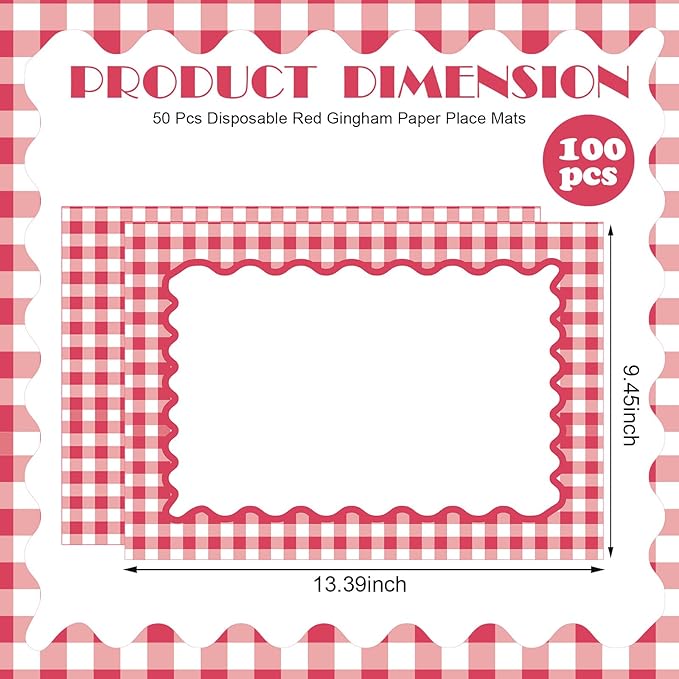 Eaasty 100 Pcs Disposable Red Gingham Paper Placemats Summer Checkered Picnic BBQ Paper Table Place Mat Double Sided for Baby Showers Wedding Birthday Tea Parties Dinner Table Decorations