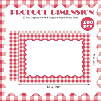 Eaasty 100 Pcs Disposable Red Gingham Paper Placemats Summer Checkered Picnic BBQ Paper Table Place Mat Double Sided for Baby Showers Wedding Birthday Tea Parties Dinner Table Decorations