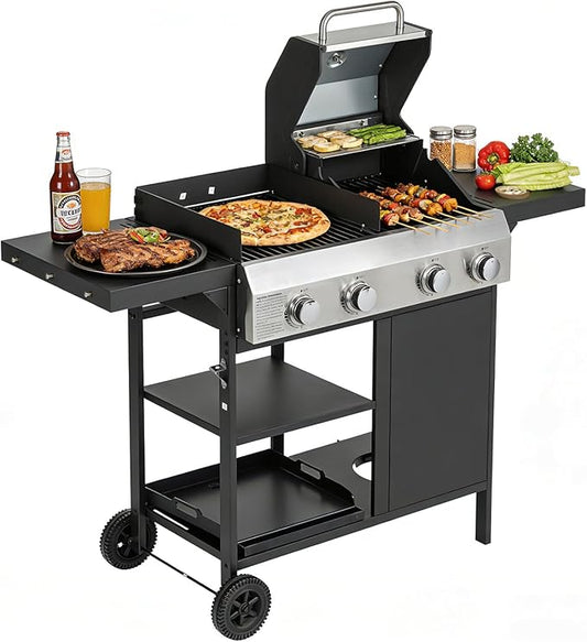 Endark 49,200 BTU 4-Burner Multi-Function Stainless Steel BBQ Grill - For Outdoor Cooking, Patio Backyard Barbecue, Camping - Griddle Combo for BBQ,FRYING and PIZZA