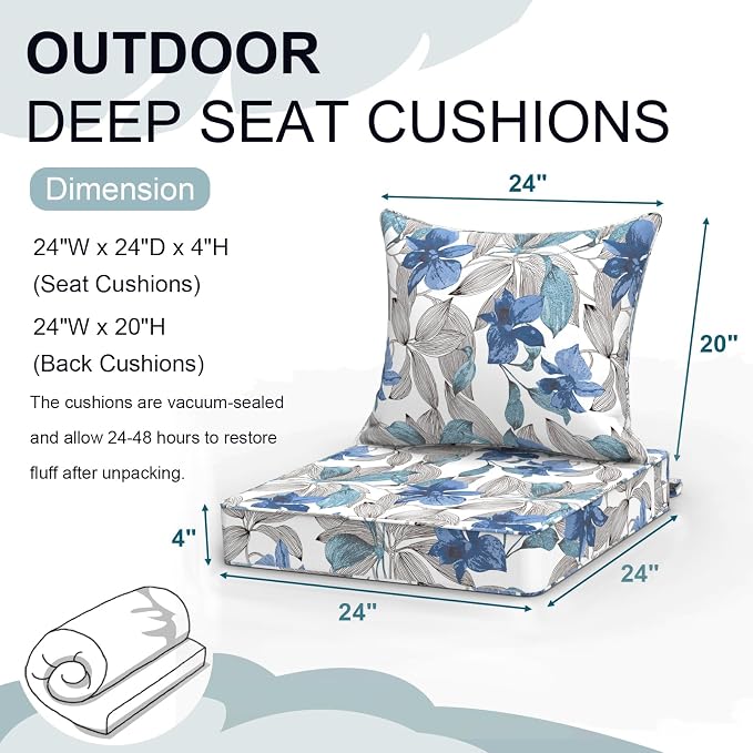 DYTXIII Outdoor Deep Seat Cushion Set, Water Repellent 24"x24" Patio Thick Cushions Replacement with Seat & Back Pillow for Patio Sofa, Wicker Chair, Couch - Clemens Noir Blue