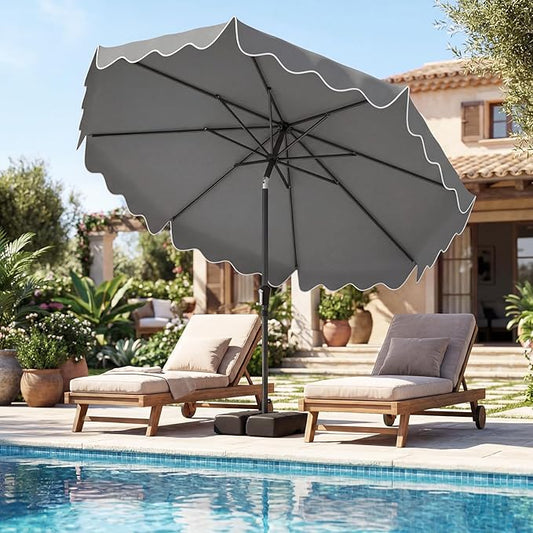Tangkula 9 FT Patio Umbrella with Base Included, 2-Tiers Outdoor Scalloped Table Umbrella with 2 Sandbags, Tilt Adjustment, Crank, 8 Ribs for Market Backyard Pool Deck Beach Lawn