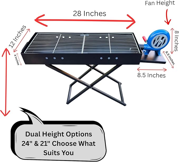 Heavy Duty Charcoal BBQ Grill with Fan & Lid – Portable Outdoor Barbecue Grill, Folding Stand, Metal Charcoal Grill for Camping, Backyard, Picnic (Large)