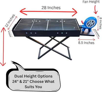 Heavy Duty Charcoal BBQ Grill with Fan & Lid – Portable Outdoor Barbecue Grill, Folding Stand, Metal Charcoal Grill for Camping, Backyard, Picnic (Large)