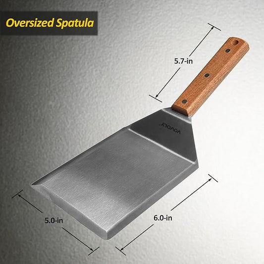 Extra Wide Spatula, Large Metal Spatula with Full Tang Wooden Handle & Beveled Edges for Skillets, Griddles & Grills, Pancake Flipper Turner, Smash Burgers Turner, 6 x 5-inches