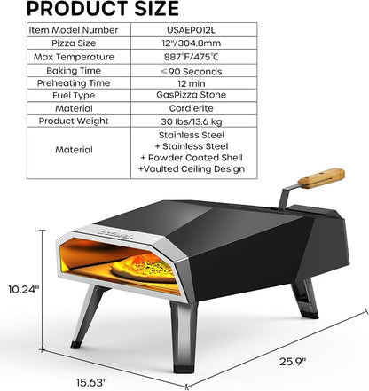 ECOWELL 12" Pizza Oven Outdoor Wood Fired, Outside Pellet Pizza Oven | with Pizza Stone/Peel/Cutter, Infrared Thermometer and Portable Cover, Black