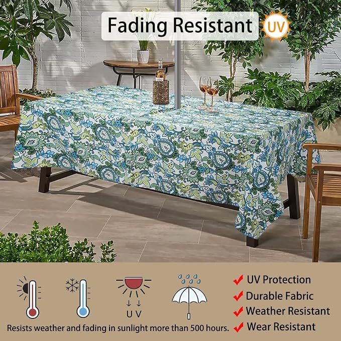 60"x84" Rectangle Tablecloth with Umbrella Hole and Zipper, Washable Waterproof Wrinkle Free Zippered Patio Table Cloths Table Covers for Spring, Party, Backyard, Picnic, BBQS (Botanical Blue Green)