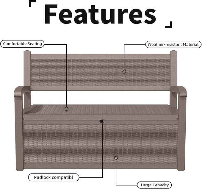 PatioZen 80 Gallon Outdoor Storage Bench Deck Box Waterproof Lockable,Outdoor Storage Furniture for Patio,Garden and Porch,Tools and Cushions（ Grey）