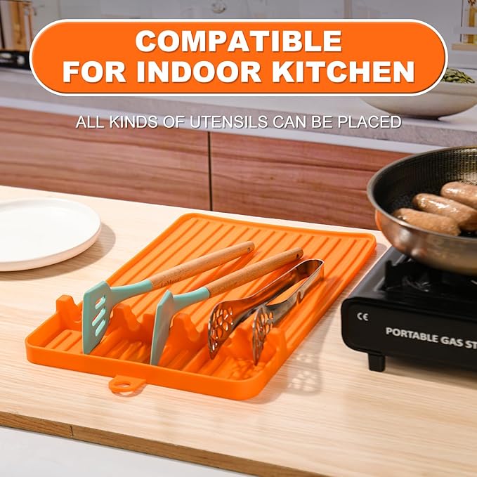 Silicone Griddle Tool Mat, Griddle Accessories, Side Shelf Spatula Mat with Drip Pad, BBQ Tool Holder, Utensil Rest for Kitchen Counter, Blackstone Large Silicone Caddy, Blackstone Organizer (Orange)