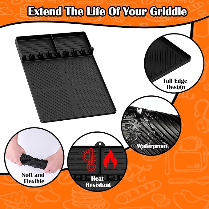 Vodolo Silicone Griddle Tools Mat for Blackstone, Large Grill BBQ Caddy Utensils Holder,Silicone Spatula Mat with Drip Pad for Kitchen,Cooking & Countertop,Griddle Accessories for Blackstone Black