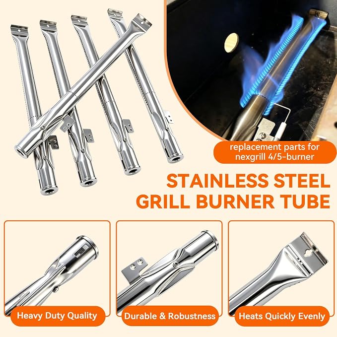 Grill Replacement Parts for Nexgrill 5-Burner 720-0888 720-0888N 720-0888A | 4-Burner 720-0830H 720-0830 Matte Cast Iron Cooking Grates, Porcelain Steel Heat Plate + Burner Tubes Kit for Nexgrill Parts