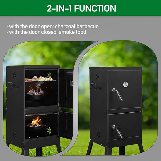 Outdoor Charcoal Grill Barbecue Grills with Thermometer, Charcoal Pan & 4 Air Vents, Vertical BBQ Grill for Garden Party Picnic Hiking Backyard Cooking, Easy to Assemble, Asadores de Carbon (Black)