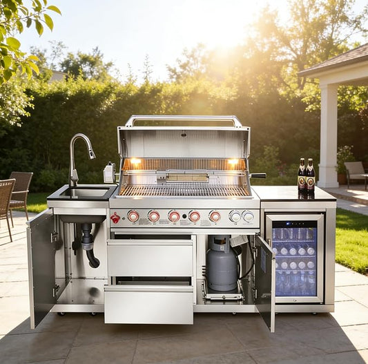 82-inch 6-Burner Gas Grill 85,000 BTU Outdoor Kitchen Barbecue | Stainless Steel Grill Island with Sink, Storage Cabinets, and Wine Refrigerator,Backyard, Patio, Lawn, Silver