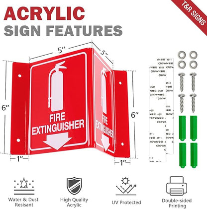 T&R Fire Extinguisher Sign, Fire Extinguisher with Down Arrow - 12 Pack - 8 x 6 Inches Acrylic, 4 pre-drilled holes, Includes Matching Screws, Use for Home Office/Business