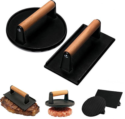 2Packs Cast Iron Smashed Burger Press,6.7" Round/8.3" Rectangular Grill Press with Wooden Handle,Heavy-Duty Flat Edge Burger Tool for Crispy Smash Burgers,BBQ & Griddle Accessories (Round+Rectangular)