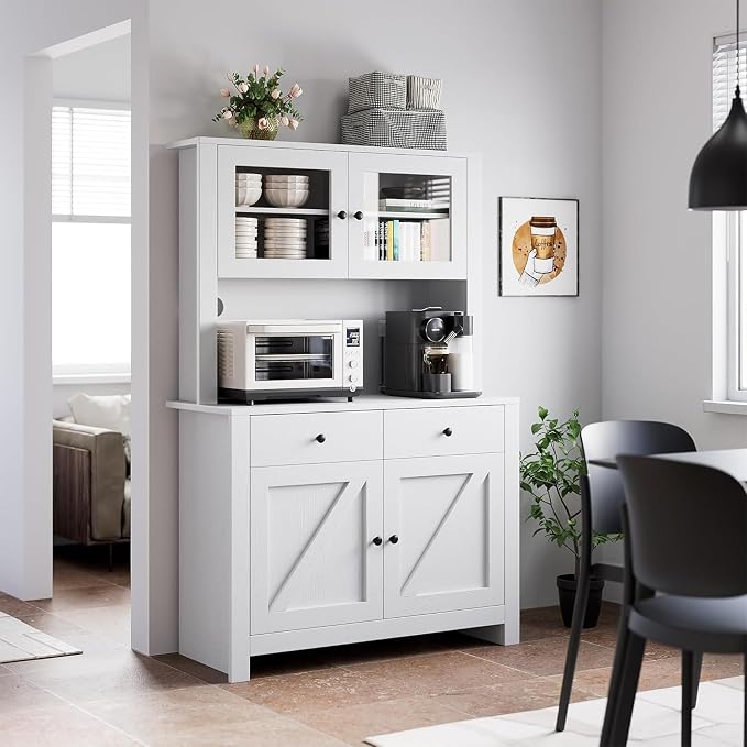 IDEALHOUSE 63" Kitchen Pantry Cabinet with Drawers, Hutch Cabinet with Storage, Microwave Stand, Adjustable Shelves, Freestanding Tall Pantry Storage for Dining Room, Living Room, White