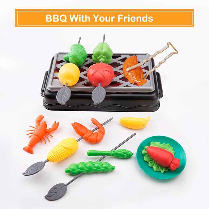 105Pcs Kids Kitchen Toy Accessories, Toddler Pretend BBQ Camping Cooking Playset, Play Pots, Pans, Utensils Cookware Toys, Play Food Set, Vegetables, Learning Gift for Girls Boys (Turquoise)