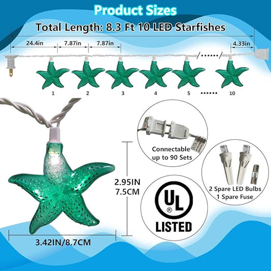 Ocean Themed Starfish String Lights 8.3Ft Marine Fairy String Lights 10 LED Green Starfish Lights, Waterproof Connectable Hanging Tropical Lights for Ocean Room Patio Garden Decor, Warm White